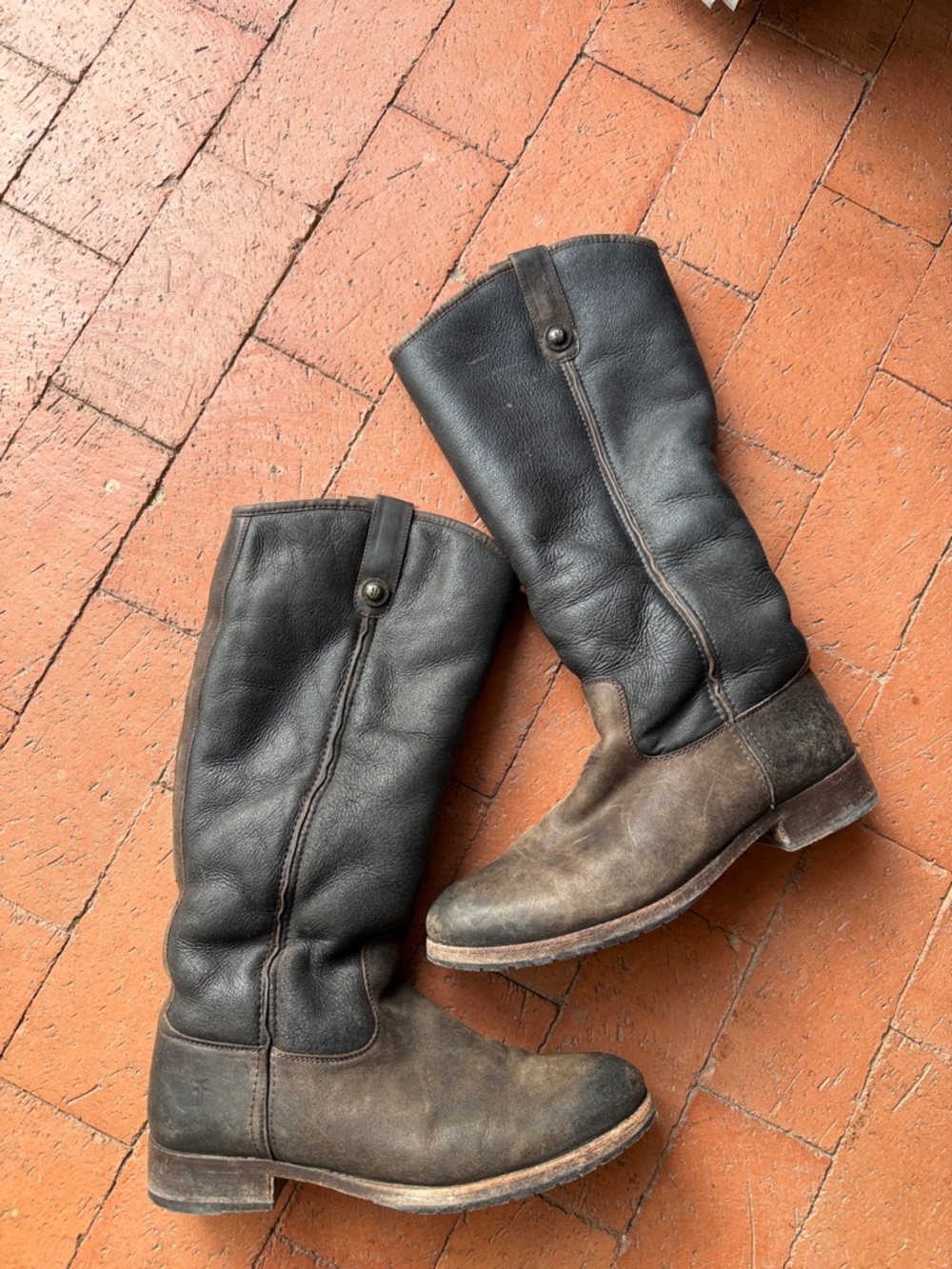 Frye Two-Tone Black and Brown Leather Mid-Calf Boots